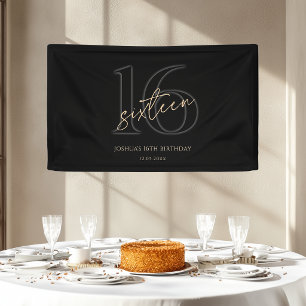 Modern Black Gold 16th Birthday Party Banner