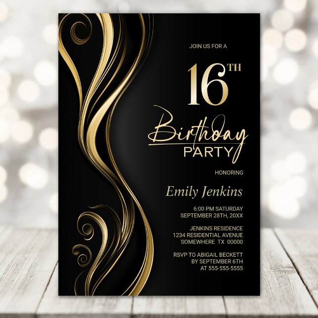 Modern Black Gold 16th Birthday Party Invitation (Creator Uploaded)