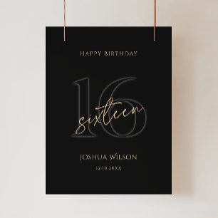 Modern Black Gold 16th Birthday Party Poster