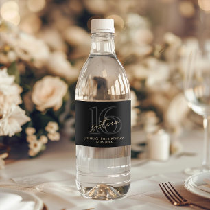 Modern Black Gold 16th Birthday Party Water Bottle Label