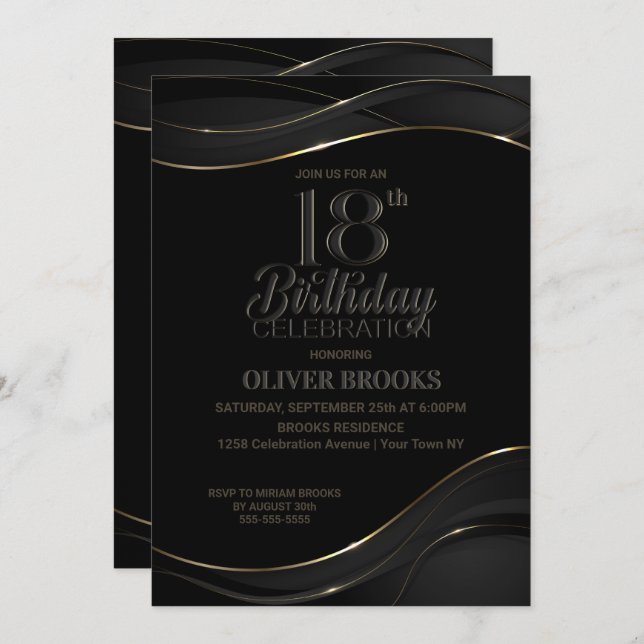 Modern Black Gold 18th Birthday Party Invitation (Front/Back)