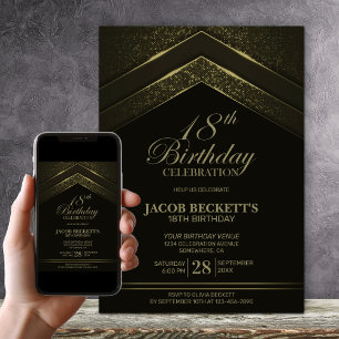Modern Black Gold 18th Birthday Party Invitation