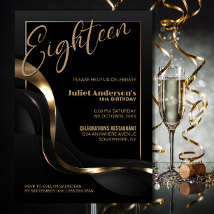 Modern Black Gold 18th Birthday Party Invitation