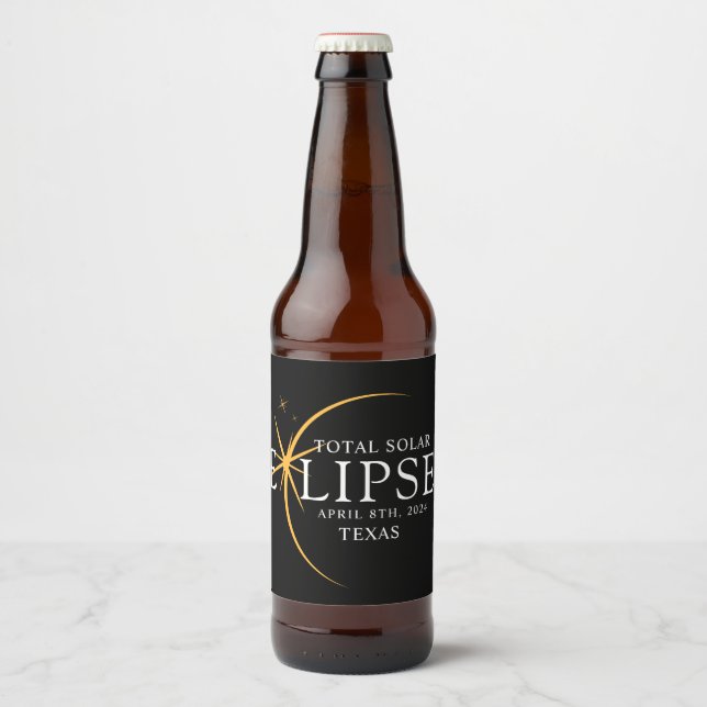 Modern Black & Gold 2024 Texas Total Solar Eclipse Beer Bottle Label (Front)