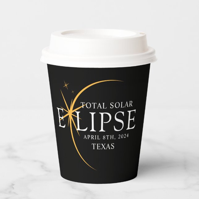 Modern Black & Gold 2024 Texas Total Solar Eclipse Paper Cups (Front)