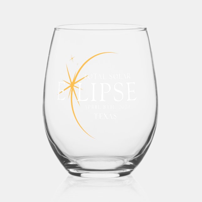 Modern Black & Gold 2024 Texas Total Solar Eclipse Stemless Wine Glass (Front)