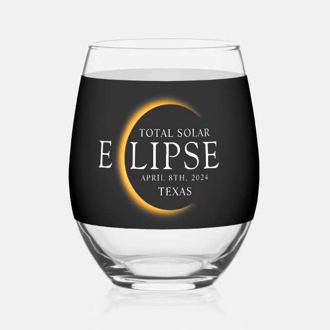 Modern Black & Gold 2024 Texas Total Solar Eclipse Stemless Wine Glass (Front)