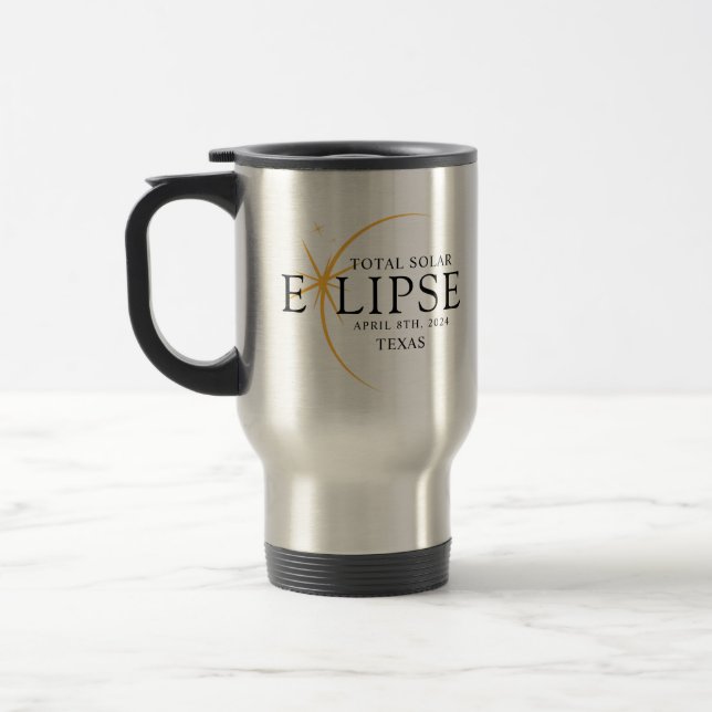 Modern Black & Gold 2024 Texas Total Solar Eclipse Travel Mug (Left)