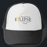Modern Black & Gold 2024 Texas Total Solar Eclipse Trucker Hat<br><div class="desc">Introducing our Modern Black & Gold 2024 Texas Total Solar Eclipse Custom T-Shirt, a stylish and commemorative piece for this rare celestial event. this shirt captures the elegance and excitement of the total solar eclipse. With the year 2024 boldly displayed, along with the location of Texas, it serves as a...</div>