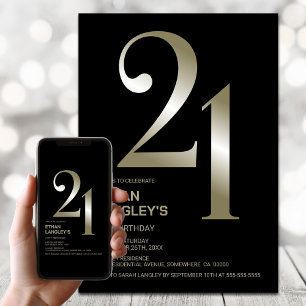 Modern Black Gold 21st Birthday Party Invitation