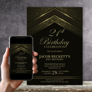 Modern Black Gold 21st Birthday Party Invitation