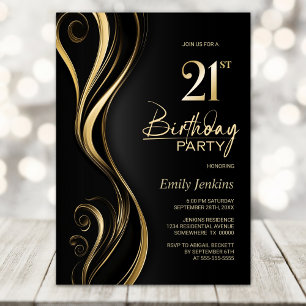Modern Black Gold 21st Birthday Party Invitation