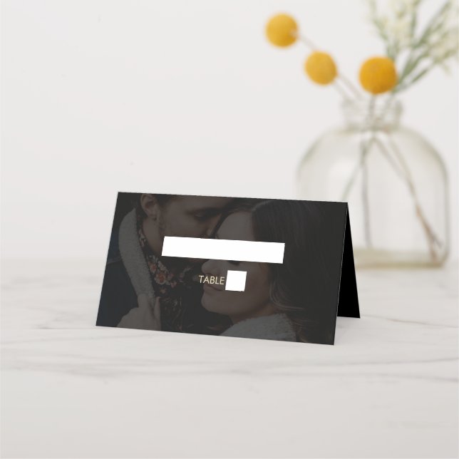 Modern Black Gold 2 Photo Overlay Wedding Place Card (Front)