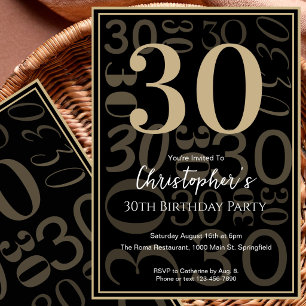 Modern Black Gold 30th Birthday Invitation For Him