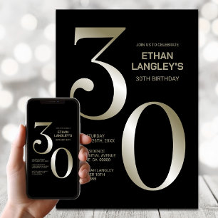 Modern Black Gold 30th Birthday Party Invitation