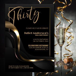 Modern Black Gold 30th Birthday Party Invitation