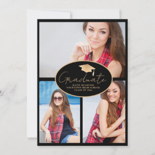 Modern Black Gold 3-Photo Graduation  Announcement
