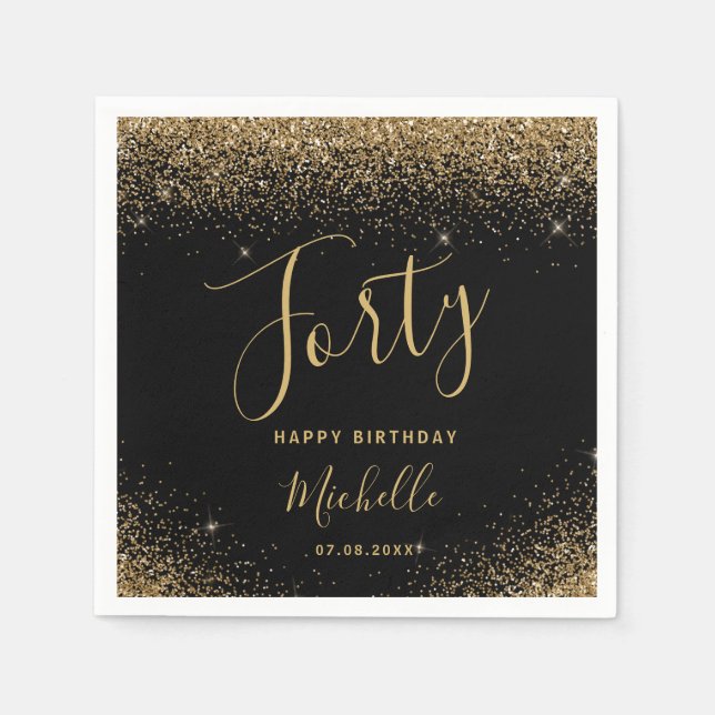 Modern Black Gold 40th Birthday Glitter Script Napkin (Front)