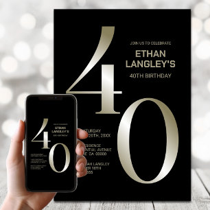 Modern Black Gold 40th Birthday Party Invitation