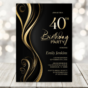 Modern Black Gold 40th Birthday Party Invitation