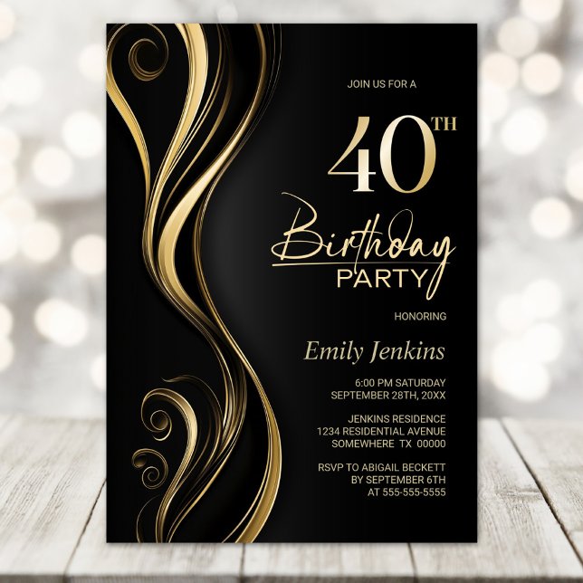 Modern Black Gold 40th Birthday Party Invitation (Creator Uploaded)
