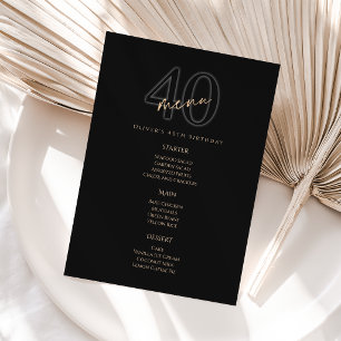 Modern Black Gold 40th Birthday Party Menu Card