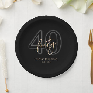 Modern Black Gold 40th Birthday Party Paper Plates