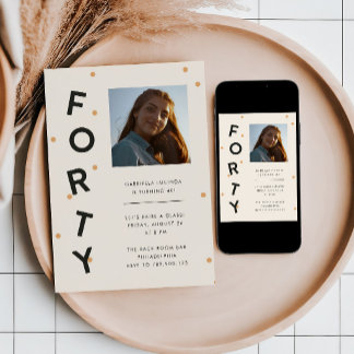 Modern Black + Gold 40th Birthday Party Photo Invitation