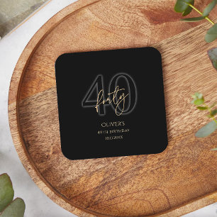 Modern Black Gold 40th Birthday Party  Square Paper Coaster