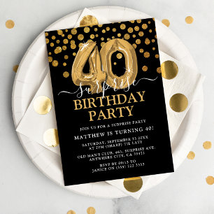 Modern Black & Gold 40th Surprise Birthday Party Invitation
