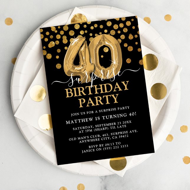 Modern Black & Gold 40th Surprise Birthday Party Invitation (Creator Uploaded)