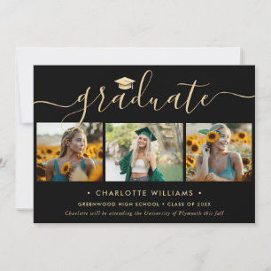 Modern Black Gold 4 Photo Graduation Announcement