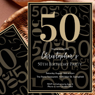Modern Black Gold 50th Birthday Invitation For Him