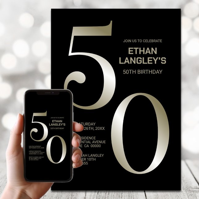 Modern Black Gold 50th Birthday Party Invitation (Creator Uploaded)