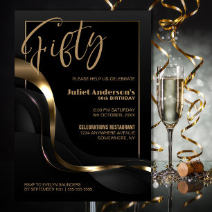 Modern Black Gold 50th Birthday Party Invitation