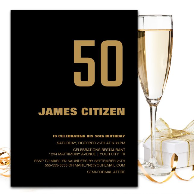 Modern Black Gold 50th Birthday Party Invitation (Creator Uploaded)