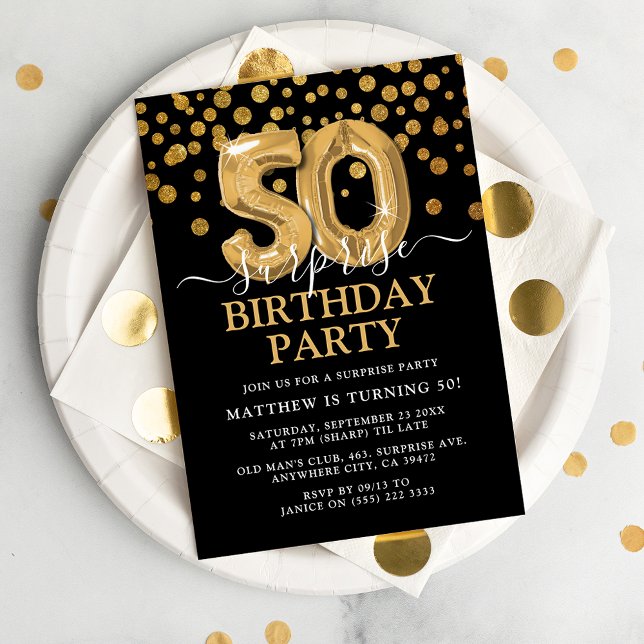 Modern Black & Gold 50th Surprise Birthday Party Invitation (Creator Uploaded)