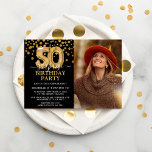 Modern Black & Gold 50th Surprise Birthday Photo Invitation<br><div class="desc">Modern black and gold surprise birthday party invitation for someone who is turning 50! Featuring a black background,  a photograph of the birthday man/woman,  faux gold glitter confetti,  gold 50th birthday balloons and an elegant birthday template that is easy to customise.</div>