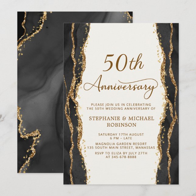 Modern Black Gold 50th Wedding Anniversary Invitation (Front/Back)