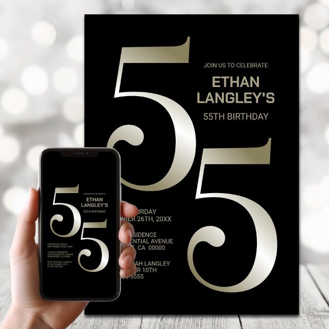 Modern Black Gold 55th Birthday Party Invitation (Creator Uploaded)