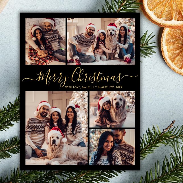 Modern Black Gold 5 Photo Collage Christmas Card (Creator Uploaded)