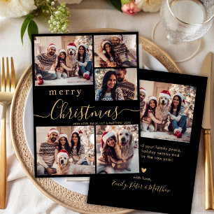 Modern Black Gold 5 Photo Collage Christmas  Holiday Card