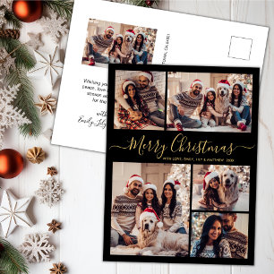 Modern Black Gold 5 photo Collage Christmas  Postcard