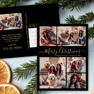 Modern Black Gold 5 photo Collage Christmas  Postcard