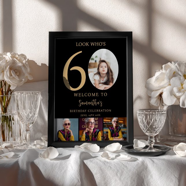 Modern Black gold 60th Birthday 4 Photo Welcome Poster (Modern Black gold 60th Birthday 4 Photo Welcome Poster)