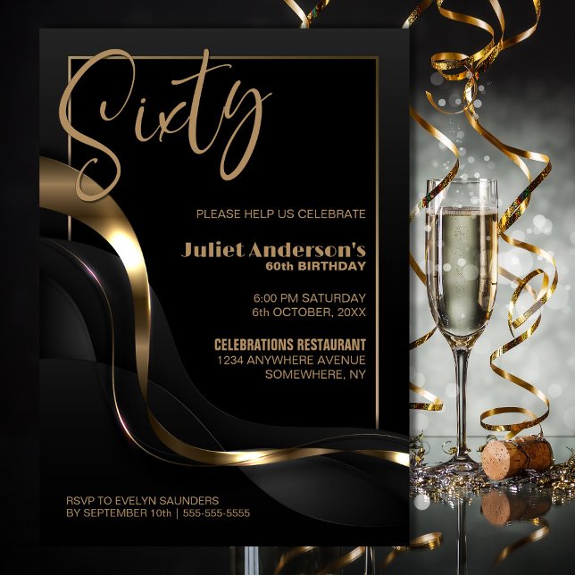 Modern Black Gold 60th Birthday Party Invitation (Creator Uploaded)