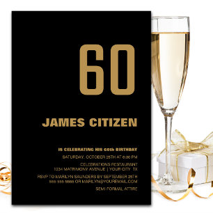 Modern Black Gold 60th Birthday Party Invitation