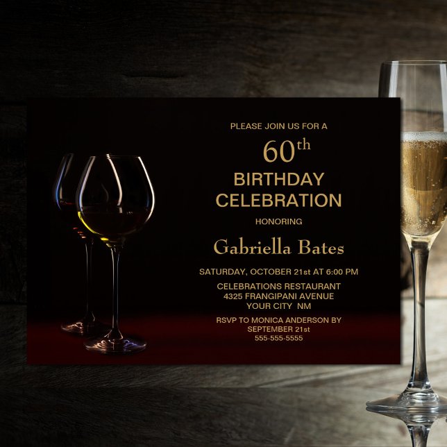 Modern Black Gold 60th Birthday Wine Glass Party Invitation (Creator Uploaded)