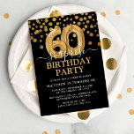 Modern Black & Gold 60th Surprise Birthday Party Invitation<br><div class="desc">Modern black and gold surprise birthday party invitation for someone who is turning 60! Featuring a black background,  faux gold glitter confetti,  gold 60th birthday balloons and an elegant birthday template that is easy to customise.</div>