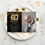 Modern Black & Gold 60th Surprise Birthday Photo Invitation<br><div class="desc">Modern black and gold surprise birthday party invitation for someone who is turning 60! Featuring a black background,  a photography of the birthday man/woman,  faux gold glitter confetti,  gold 60th birthday balloons and an elegant birthday template that is easy to customise.</div>
